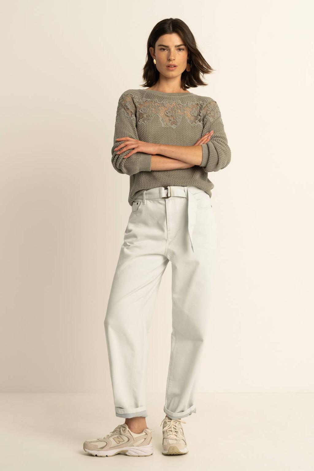 Crème dames Expresso high waist mom jeans van denim met rits- en knoopsluiting en effen