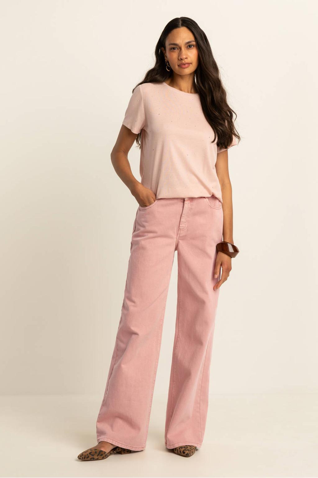 Lichtroze dames Expresso high waist wide leg jeans van denim met rits- en knoopsluiting en effen
