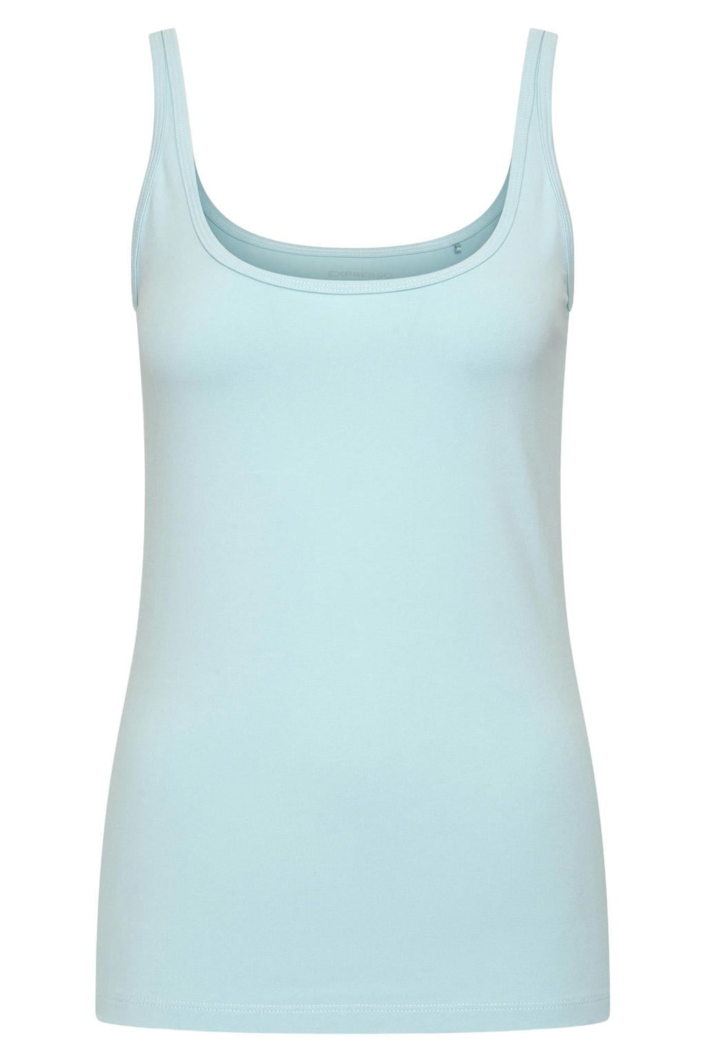 Lichtblauwe dames Expresso jersey basis top met effen, ronde hals en gebreide details
