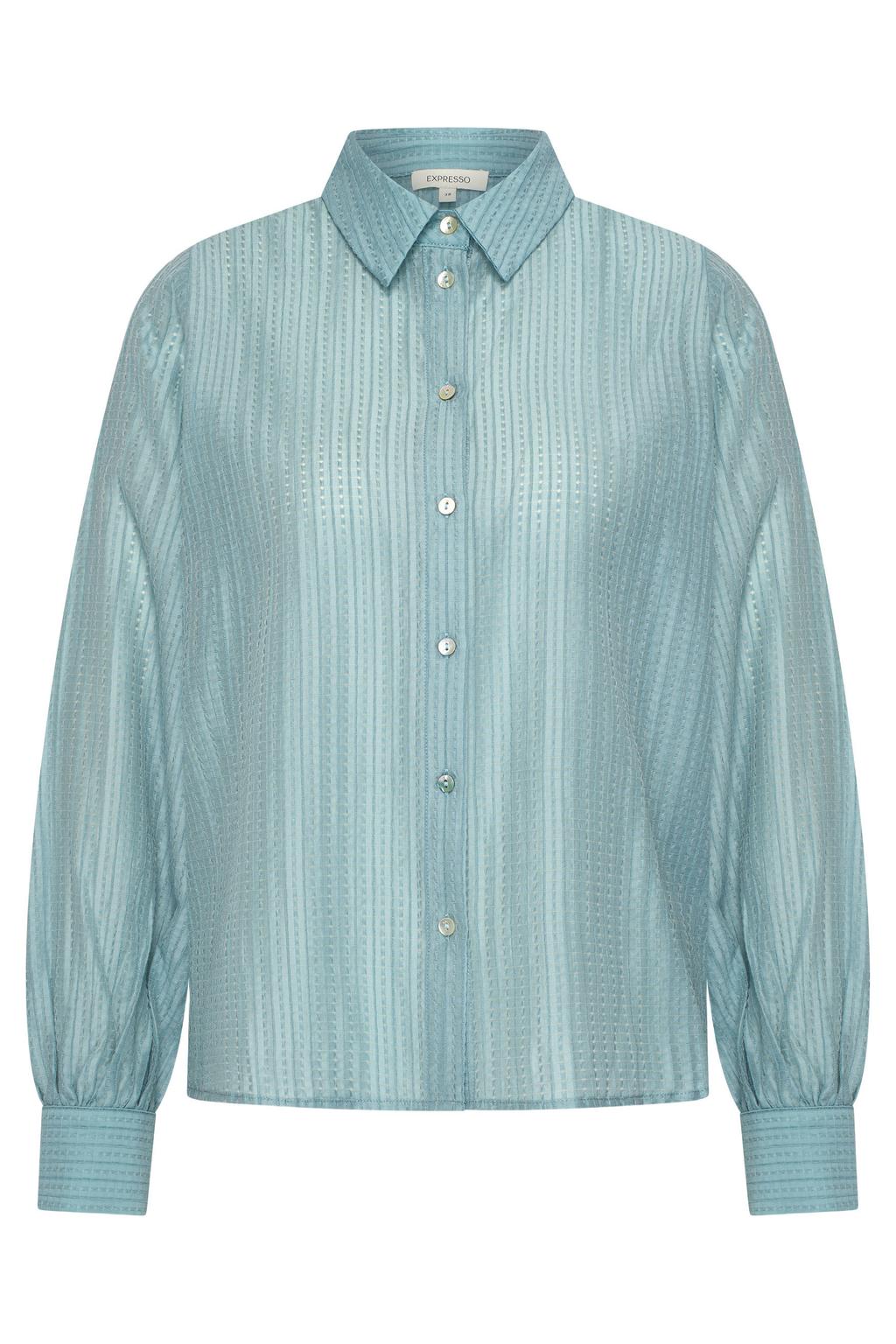 Lichtblauwe dames Expresso blouse van polyamide met effen, lange mouwen, klassieke kraag, knoopsluiting en geweven detail