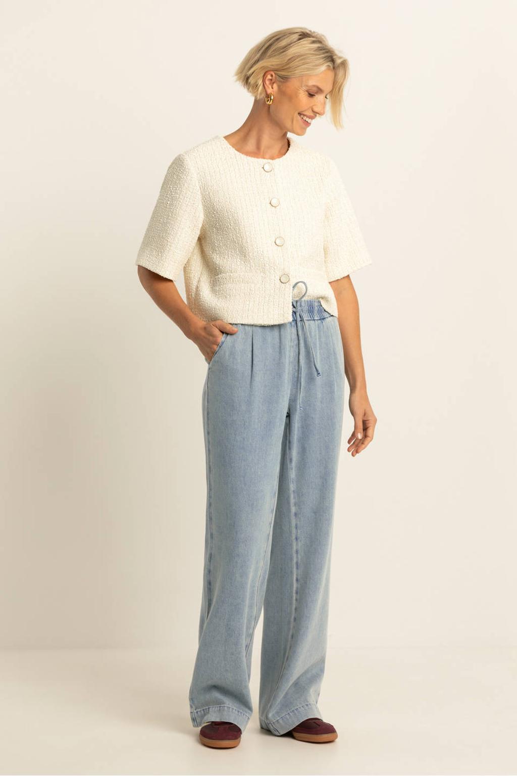 Light blue denim dames Expresso wide leg high waist casual broek van denim met elastische tailleband met koord en effen