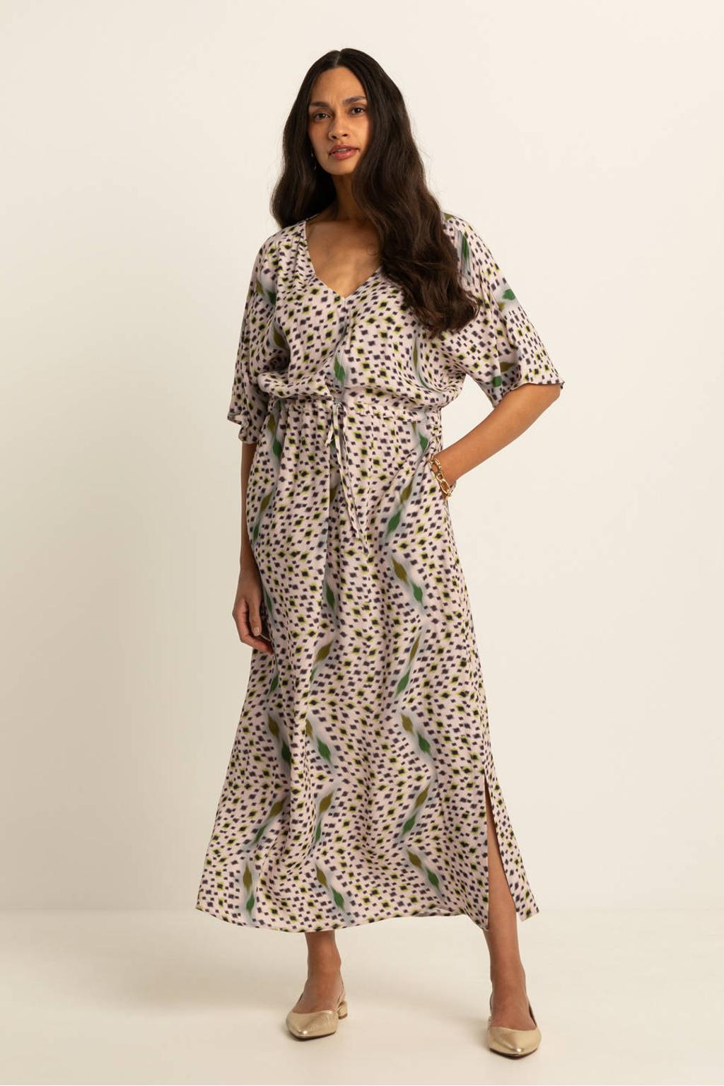 Multikleurige dames Expresso maxi jurk van viscose met korte mouwen, V-hals en geweven detail