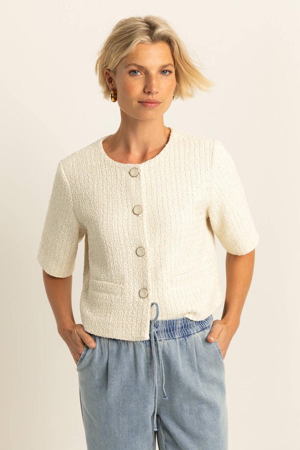 Crème dames Expresso jasje van polyester met effen, driekwart mouwen, ronde hals, knoopsluiting en geweven detail