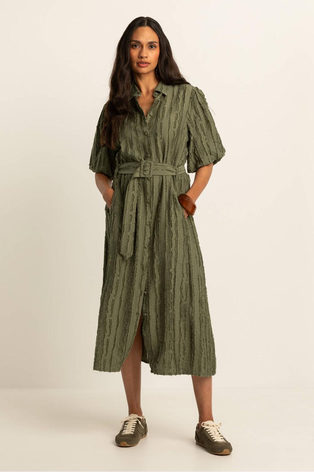 Olijfgroene dames Expresso blousejurk van polyester met effen, half lange mouwen, klassieke kraag, knoopsluiting en ceintuur