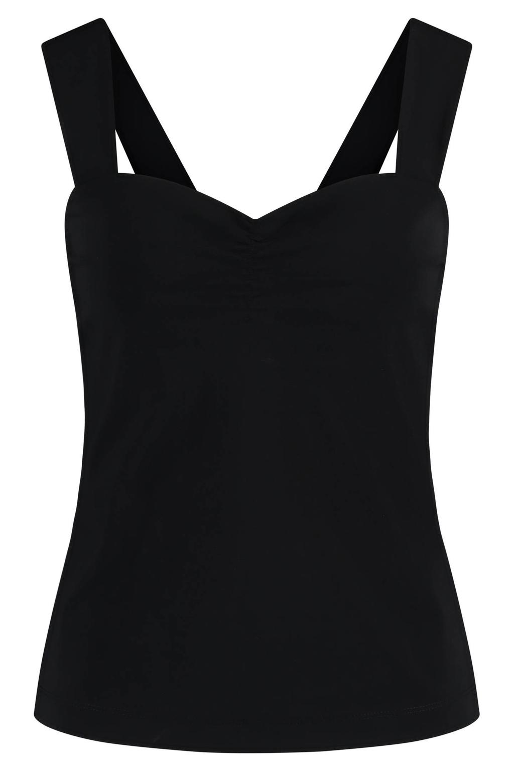 Zwarte dames Expresso top travelstof met effen, ronde hals en gebreide details