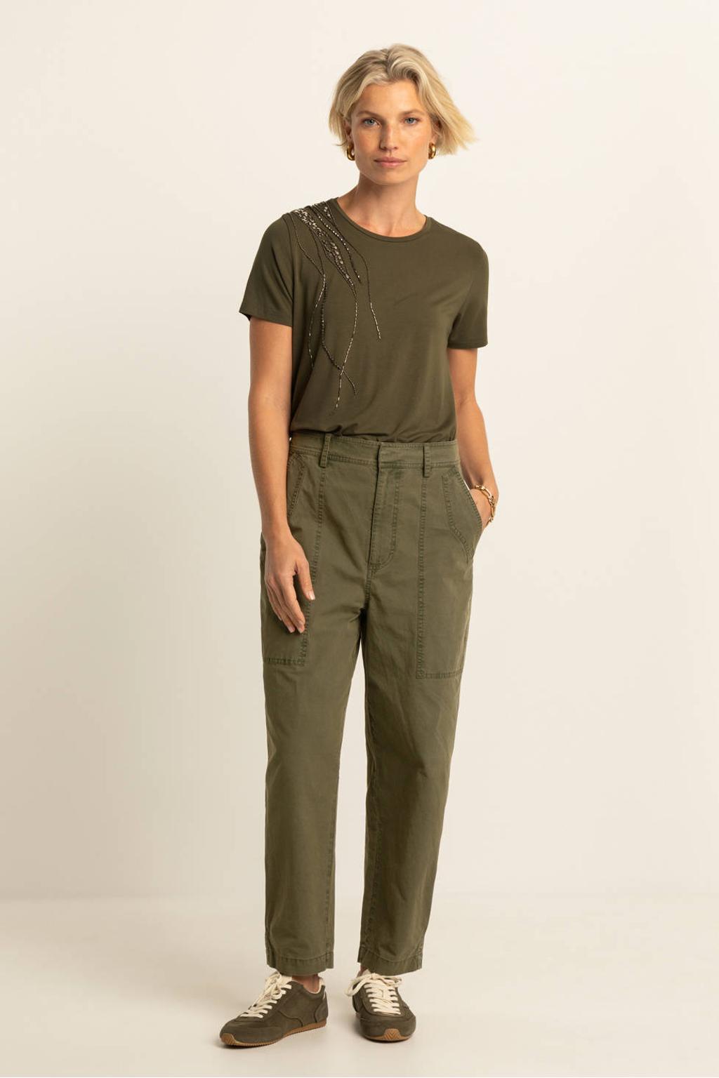 Olijfgroene dames Expresso T-shirt van viscose met effen, korte mouwen, ronde hals en glimmend detail