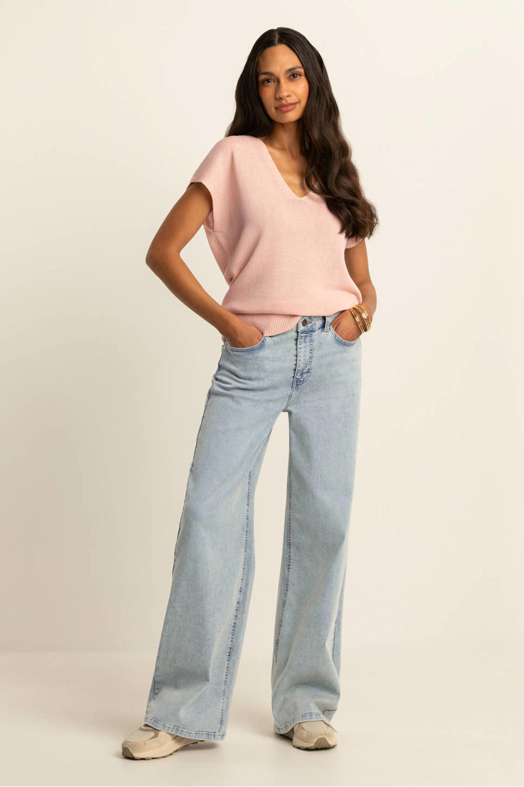 Light blue denim dames Expresso wide leg jeans van denim met rits- en knoopsluiting en effen