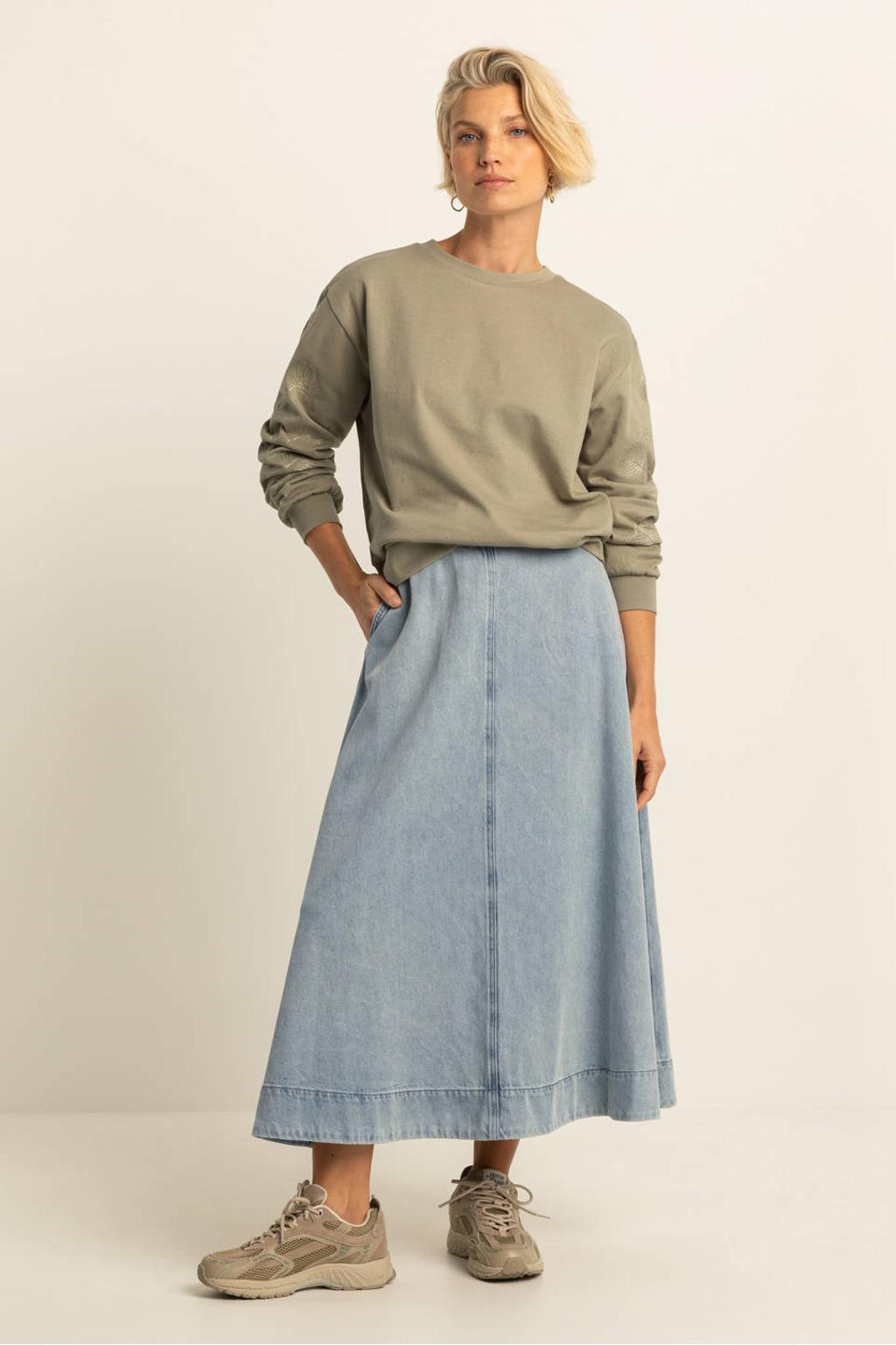 Lichtgroene dames Expresso gebloemde sweater van katoen met lange mouwen, ronde hals en borduursels