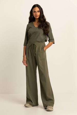 travelstof wide leg high waist casual broek olijfgroen