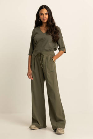 travelstof wide leg high waist casual broek olijfgroen