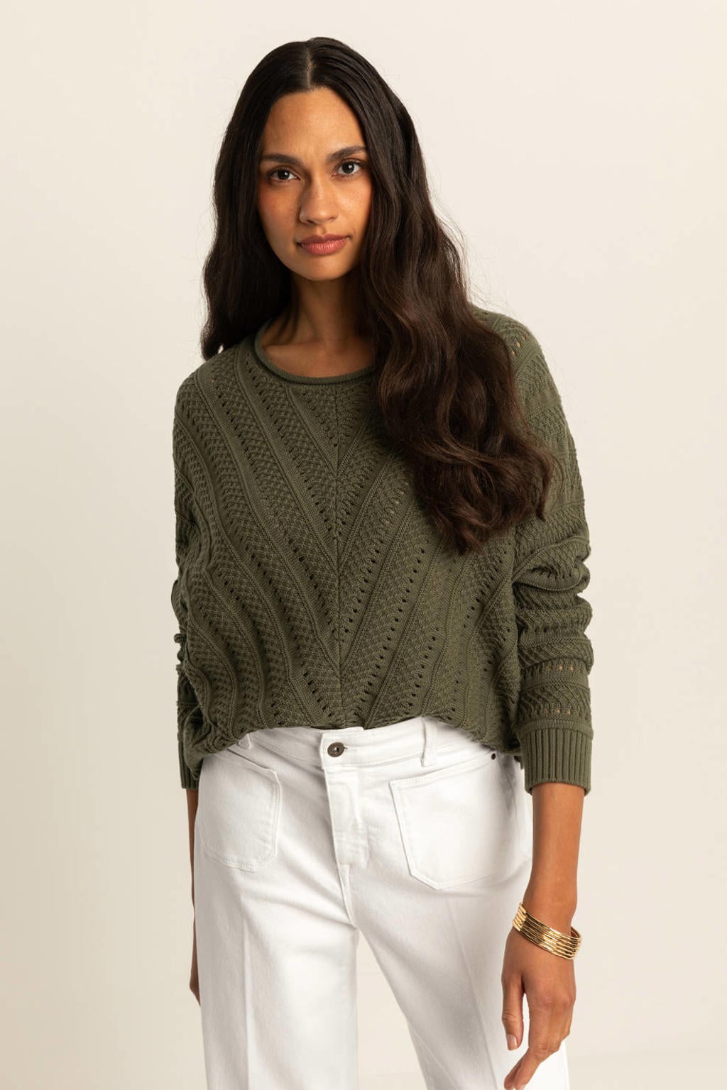 Olijfgroene dames Expresso pullover gebreid met lange mouwen en ronde hals