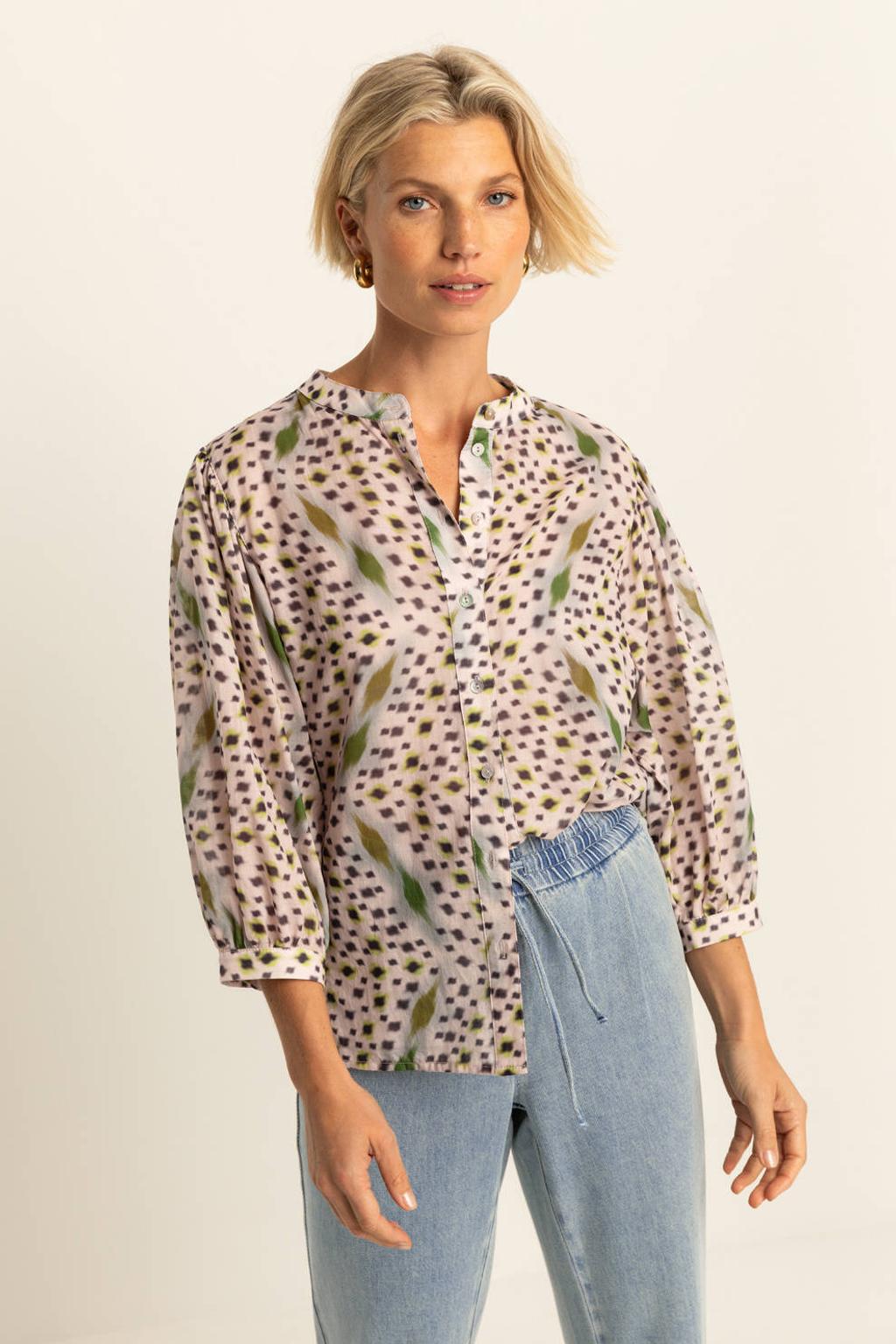 Multikleurige dames Expresso blouse van katoen met lange mouwen, mao kraag, knoopsluiting en geweven detail
