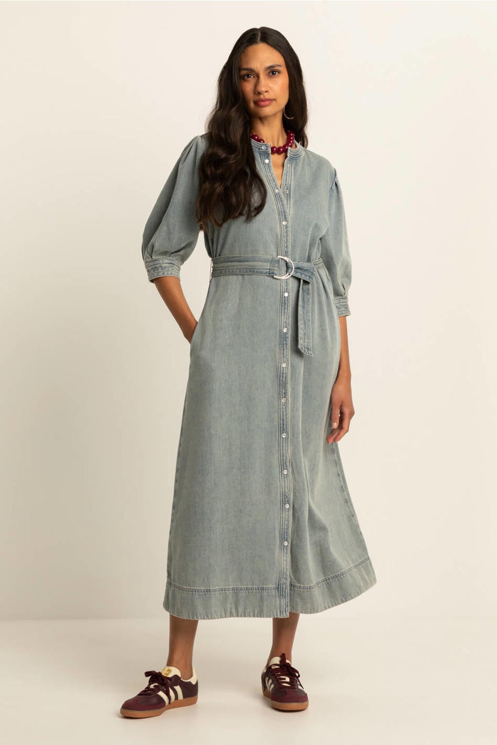 Medium blue denim dames Expresso blousejurk van denim met effen, driekwart mouwen, ronde hals, knoopsluiting en ceintuur