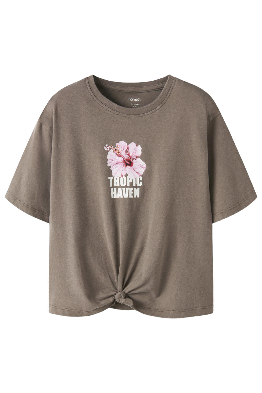 Bruine meisjes NAME IT KIDS T-shirt van katoen met printopdruk, korte mouwen, ronde hals en knoopdetail