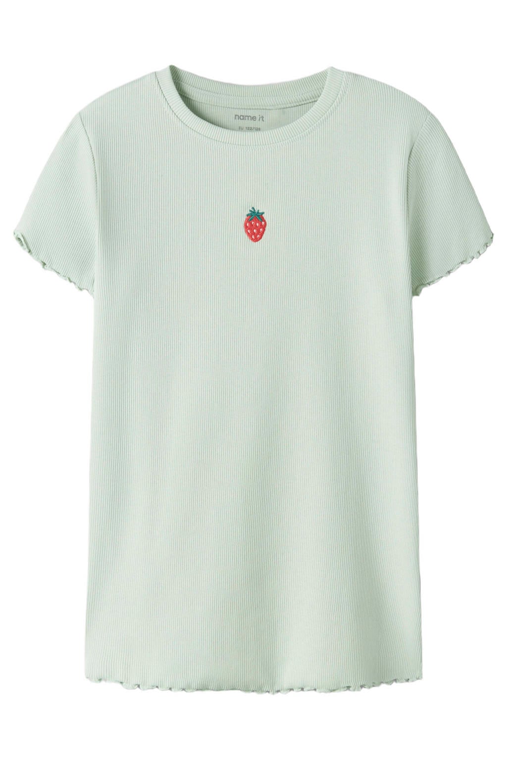 Mintgroene meisjes NAME IT KIDS T-shirt van stretchkatoen met printopdruk, korte mouwen, ronde hals en textuur