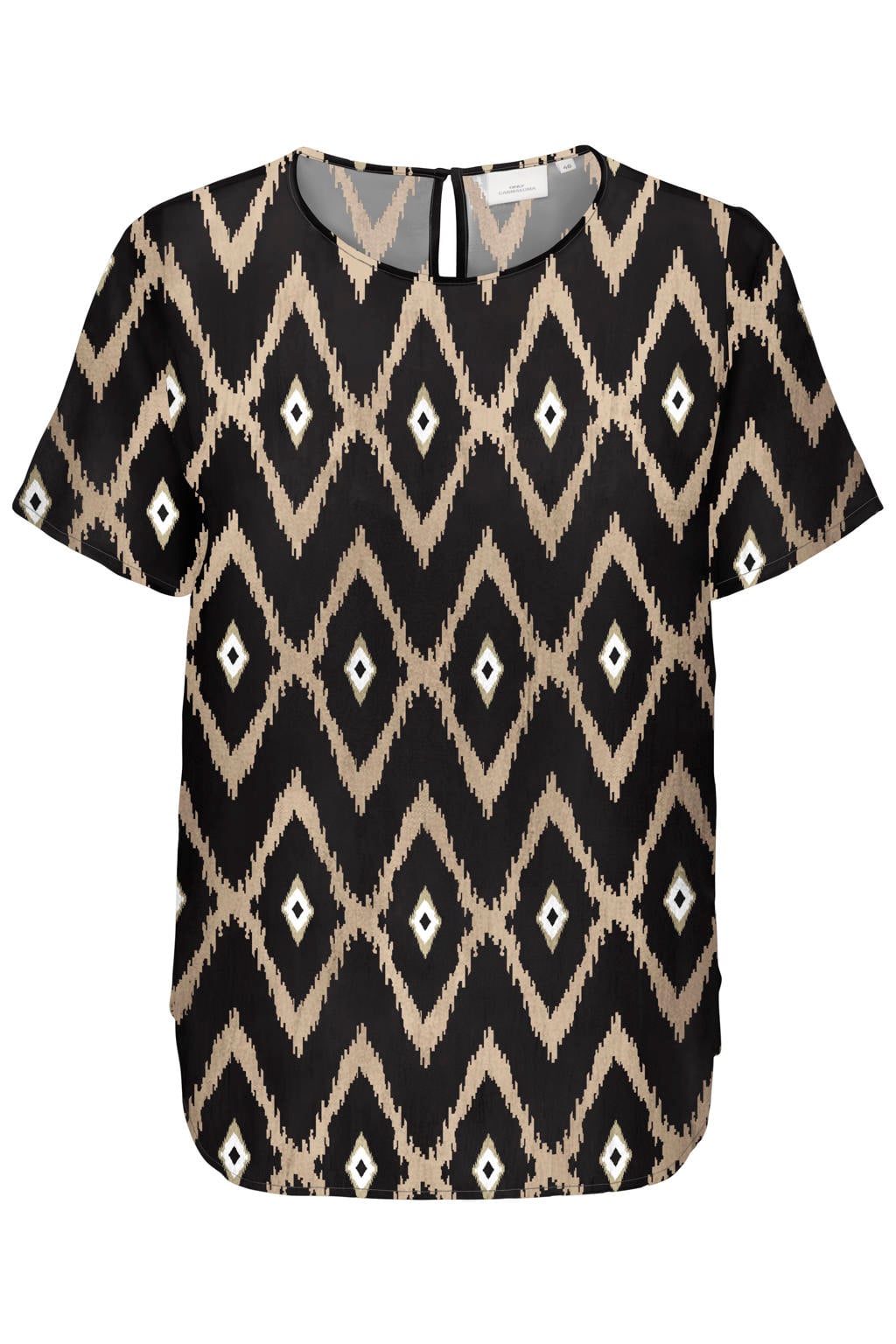 Zwart en bruine dames ONLY CARMAKOMA blousetop van viscose met grafische print, korte mouwen, ronde hals en geweven detail