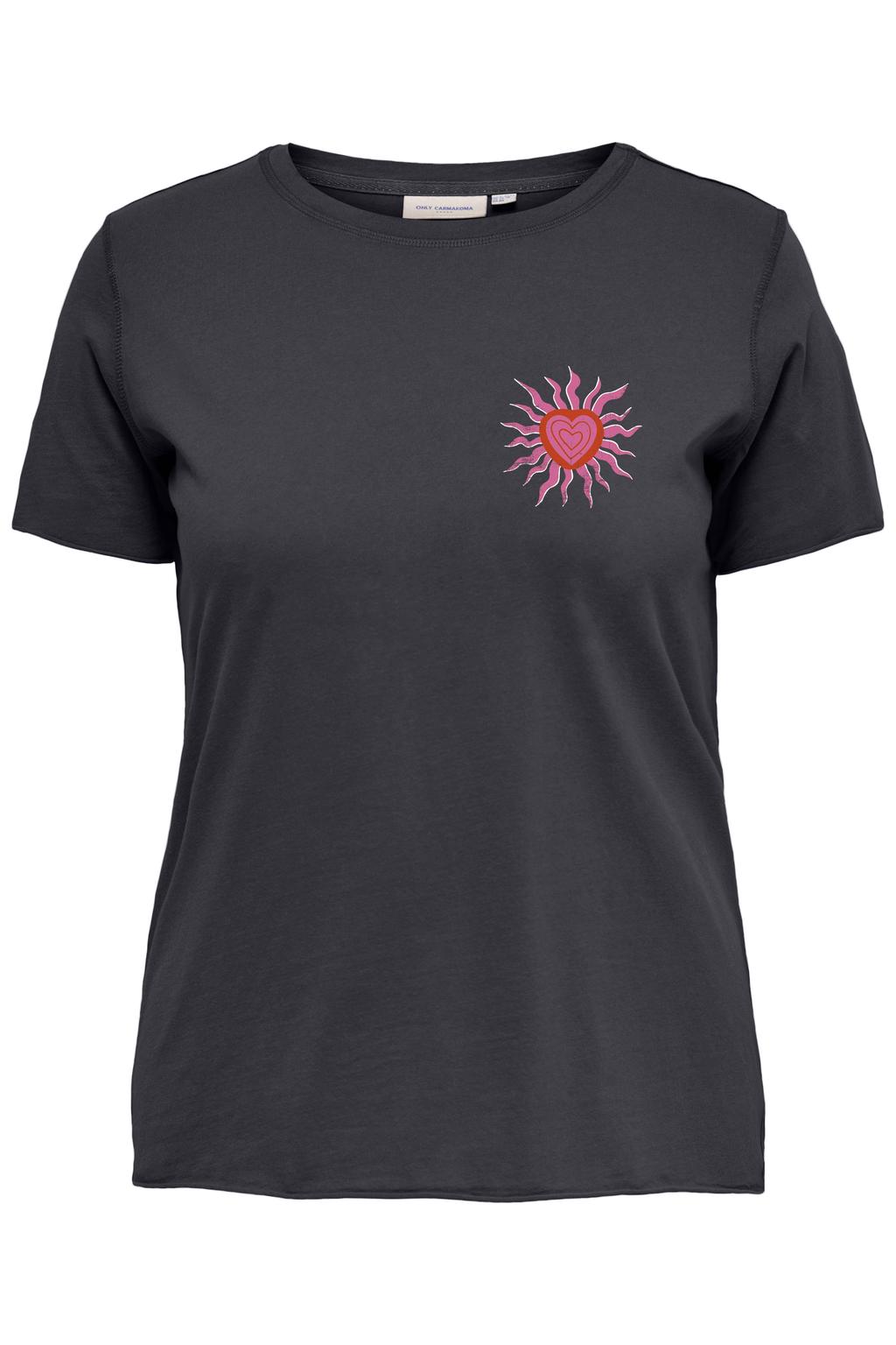 Zwarte dames ONLY CARMAKOMA T-shirt van katoen met printopdruk, korte mouwen en ronde hals