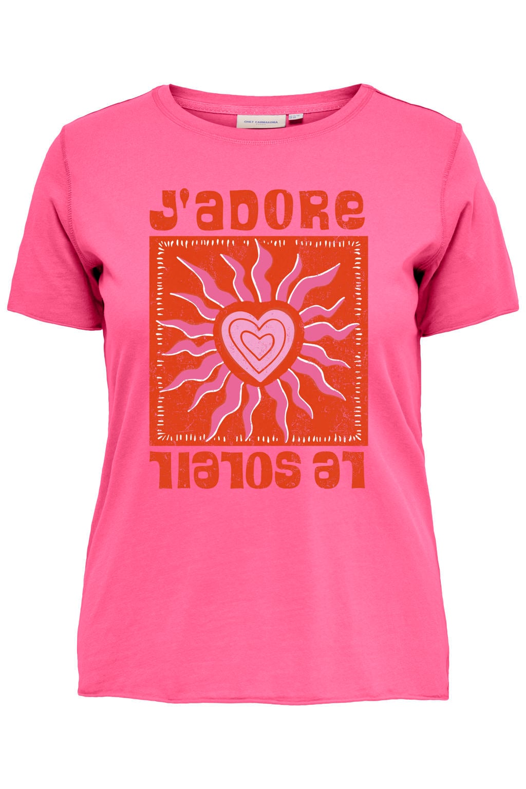Roze dames ONLY CARMAKOMA T-shirt van katoen met printopdruk, korte mouwen en ronde hals