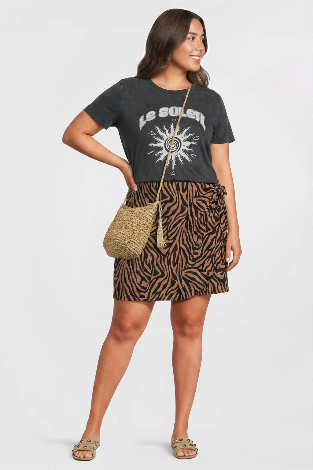 Zwarte dames ONLY CARMAKOMA T-shirt van katoen met printopdruk, korte mouwen en ronde hals