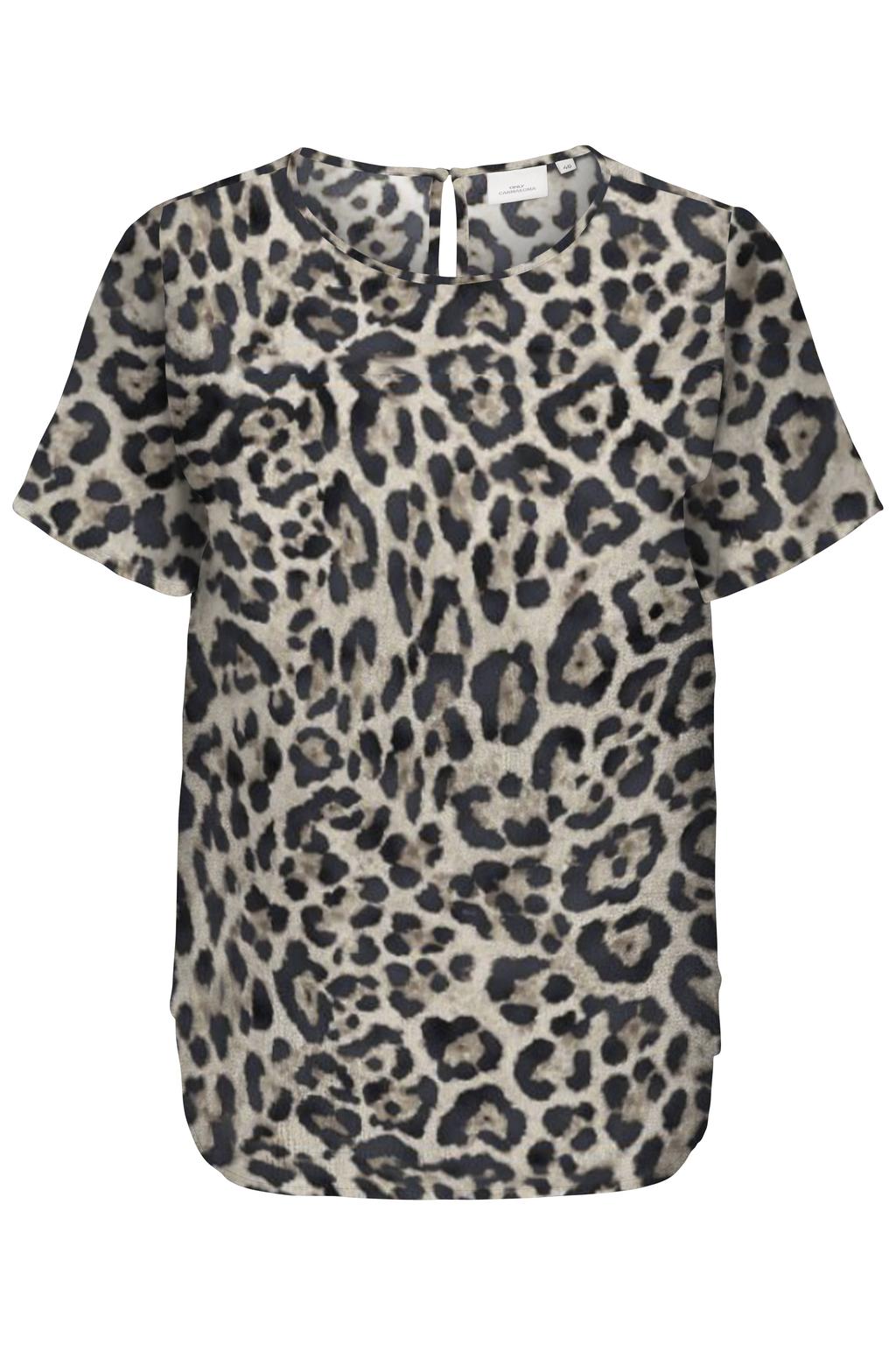 Bruin en zwarte dames ONLY CARMAKOMA blousetop van viscose met dierenprint, korte mouwen, ronde hals en geweven detail