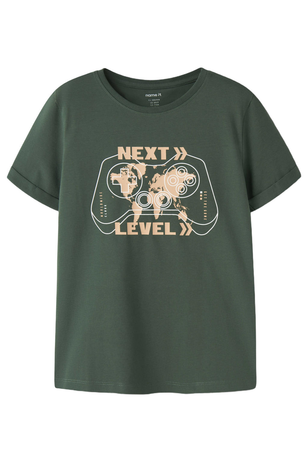 Donkergroene jongens NAME IT KIDS T-shirt van stretchkatoen met printopdruk, korte mouwen en ronde hals