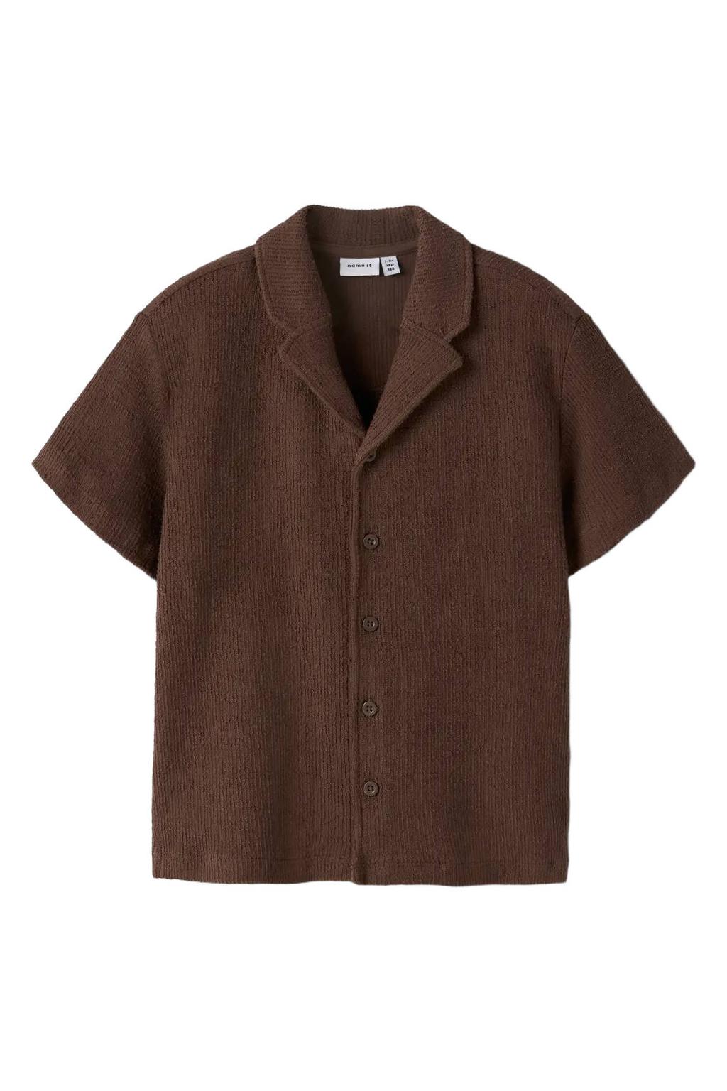 Donkerblauwe jongens NAME IT KIDS overhemd van katoen met effen, korte mouwen, klassieke kraag, knoopsluiting en textuur