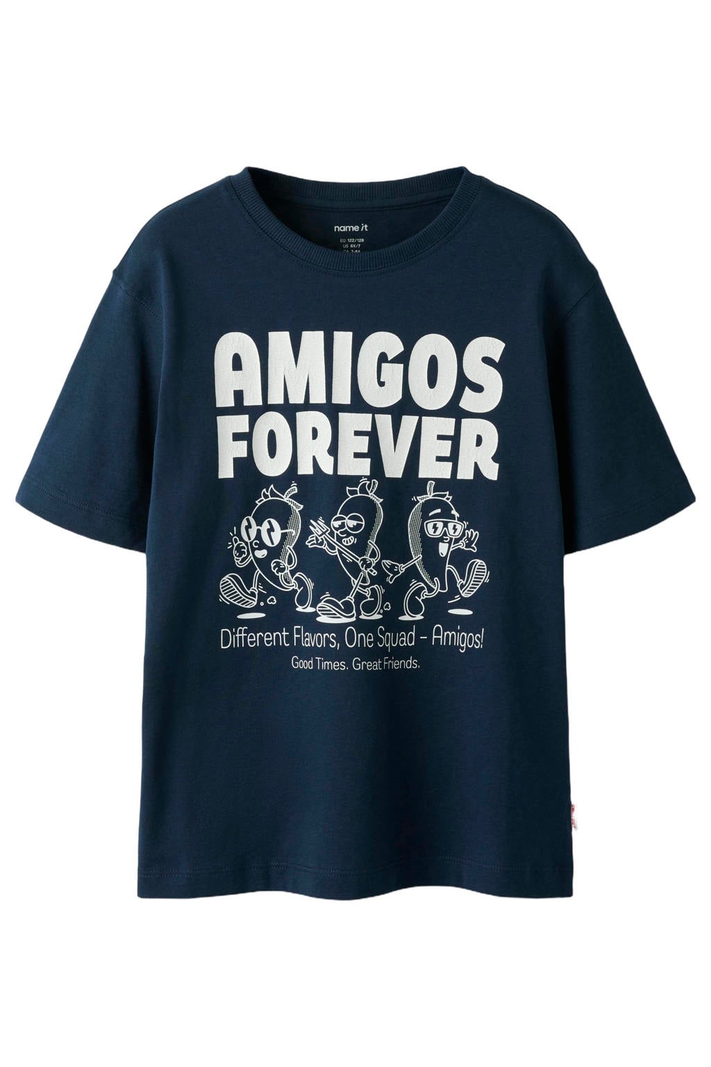 Donkerblauwe jongens NAME IT KIDS T-shirt van katoen met printopdruk, korte mouwen en ronde hals