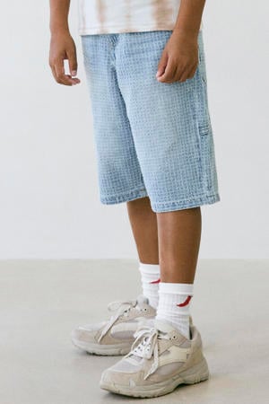geruite short light blue denim