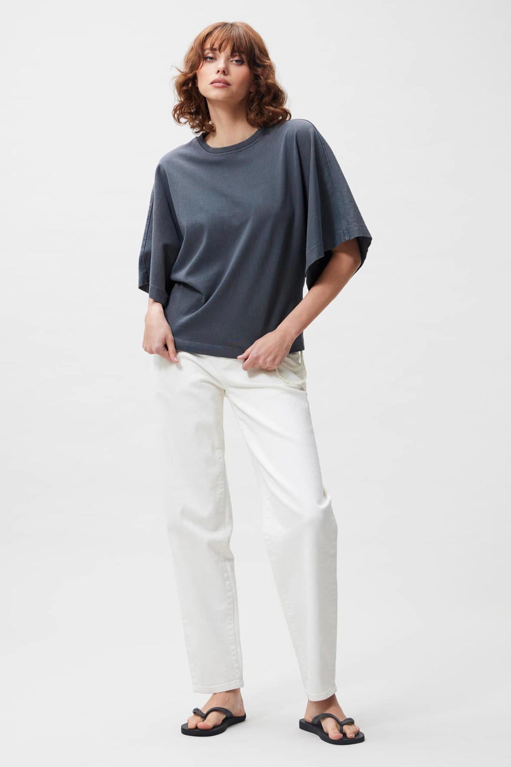 Antraciete dames Catwalk Junkie T-shirt van katoen met effen, driekwart mouwen en ronde hals