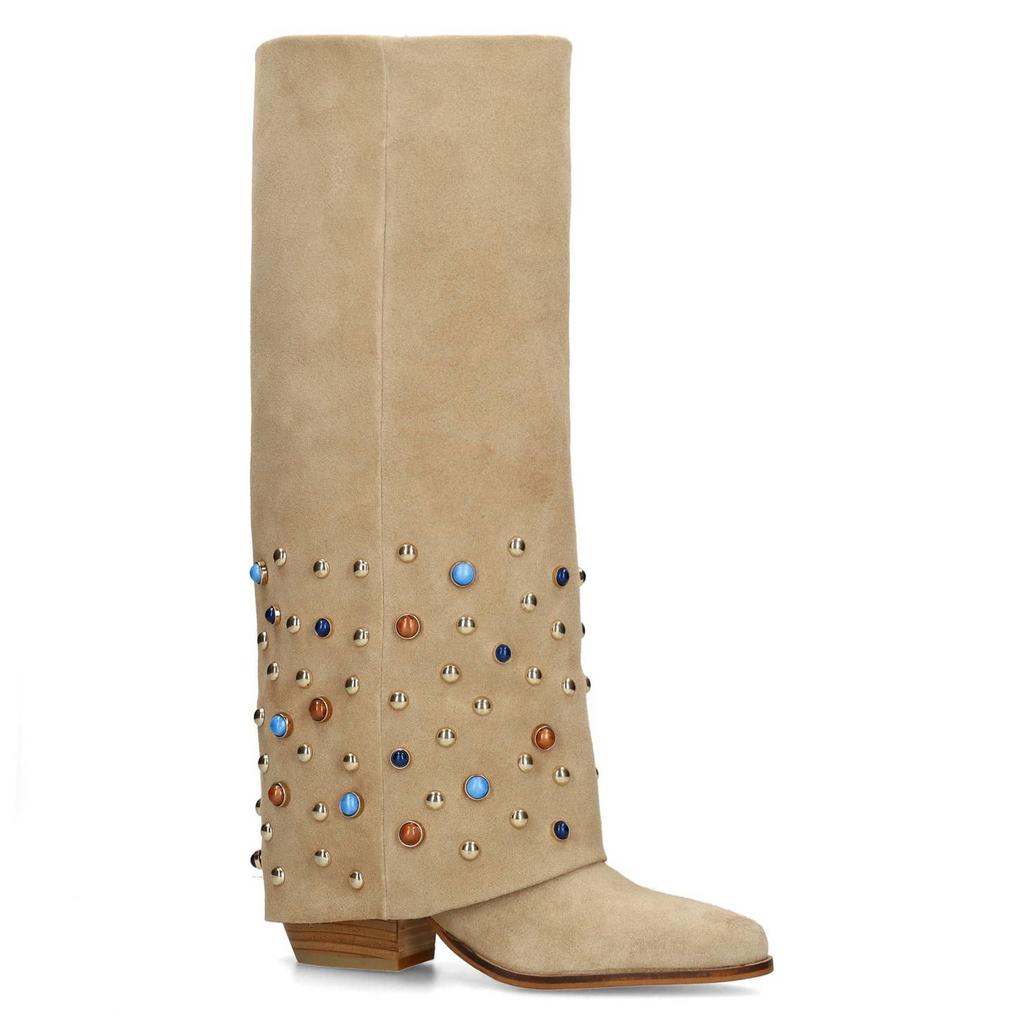 Beige dames Sacha suède cowboylaarzen met flap en gekleurde studs