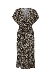 thumbnail: Zwart en beige dames ONLY zomerjurk van viscose met grafische print, korte mouwen, V-hals, striksluiting en geweven detail