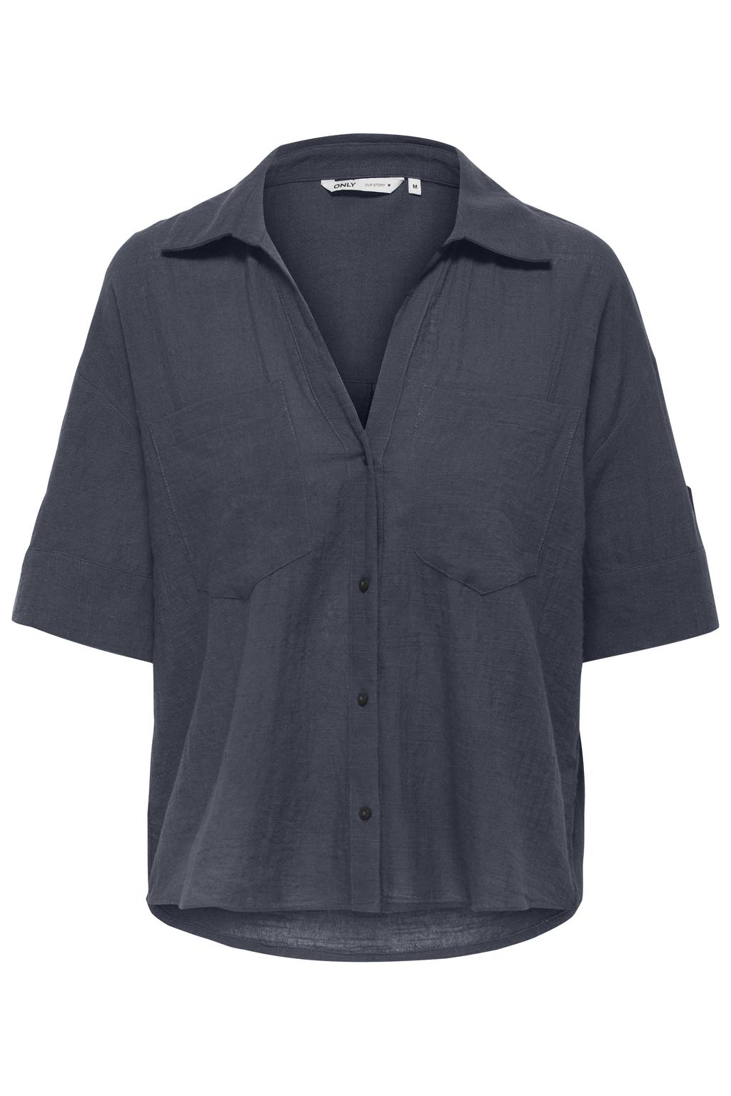 Donkerblauwe dames ONLY blouse van katoen met effen, korte mouwen, klassieke kraag, knoopsluiting en geweven detail