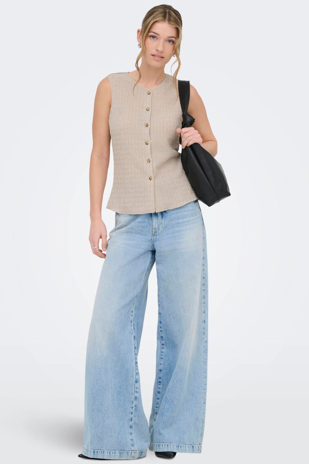 Beige dames ONLY top van polyester met effen en ronde hals