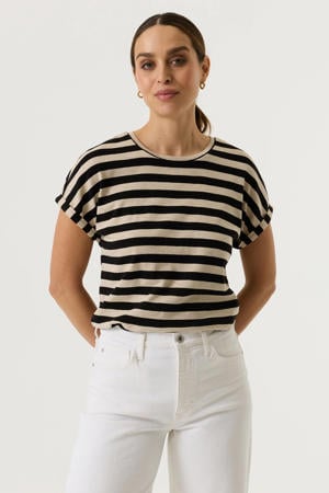gestreept T-shirt met omslagdetail - zwart