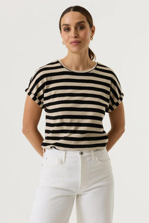 gestreept T-shirt met omslagdetail - zwart