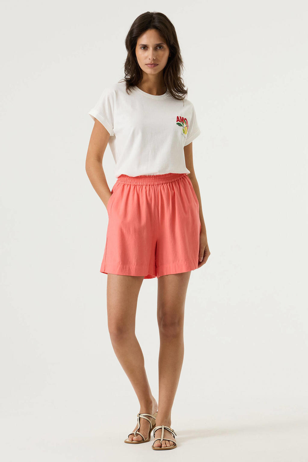 Witte dames Garcia T-shirt van katoen met printopdruk, korte mouwen en ronde hals