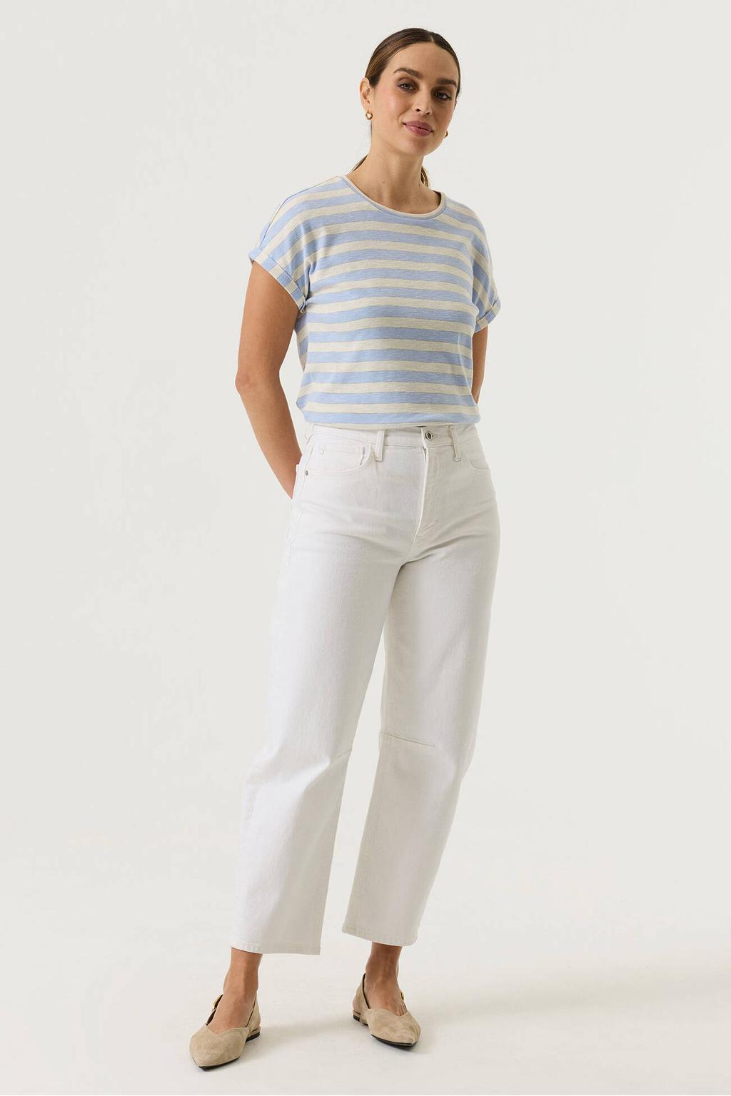 Lichtblauw en ecru dames Garcia gestreept T-shirt van katoen met korte mouwen, ronde hals en lurex