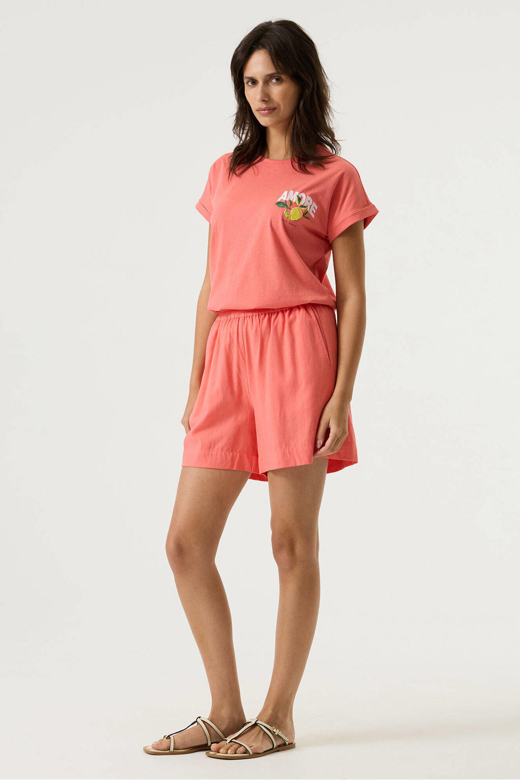 Koraalrode dames Garcia T-shirt van katoen met printopdruk, korte mouwen en ronde hals
