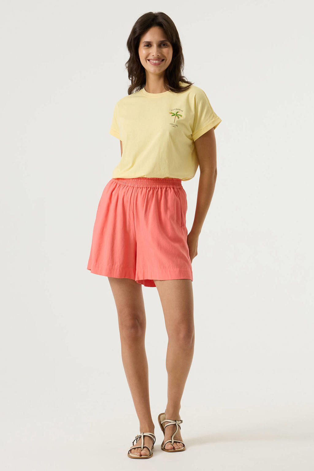 Lichtgele dames Garcia T-shirt van katoen met printopdruk, korte mouwen en ronde hals