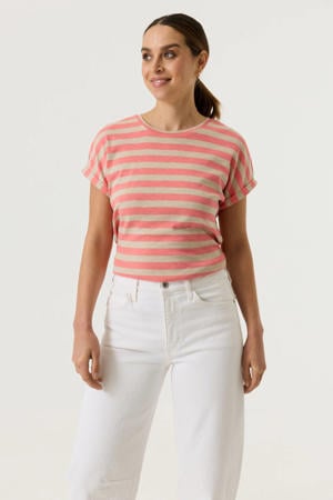 gestreept T-shirt met lurex - koraalrood