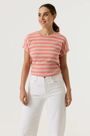 gestreept T-shirt met lurex - koraalrood