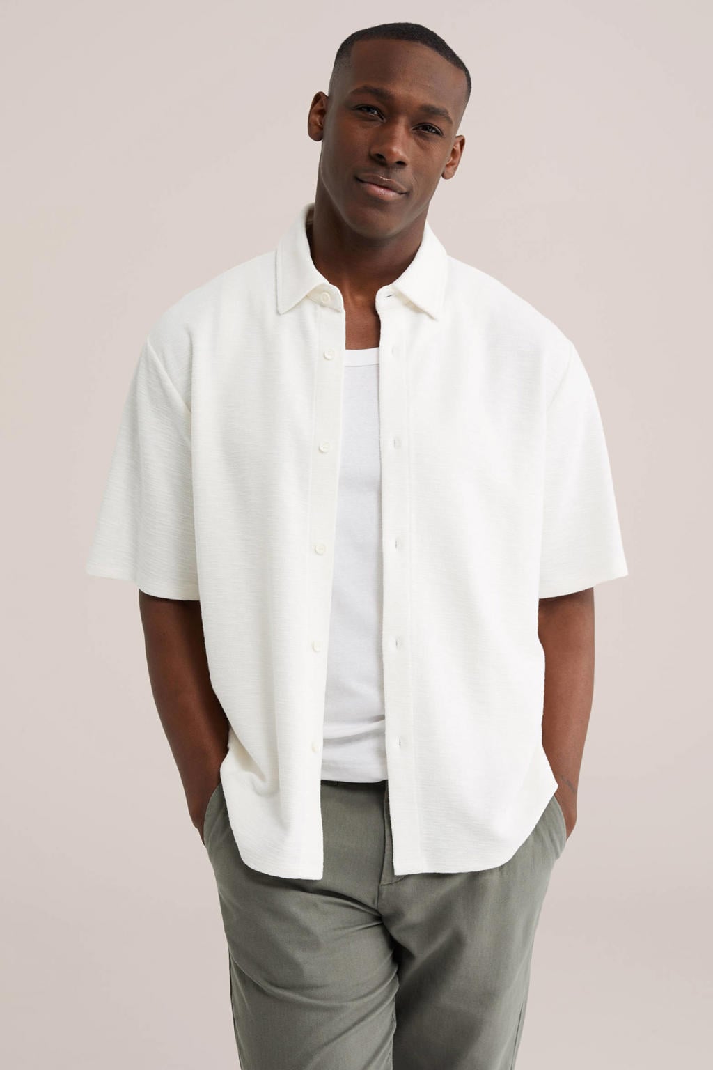 Witte heren WE Fashion comfort casual overhemd van katoen met effen, korte mouwen, klassieke kraag en knoopsluiting