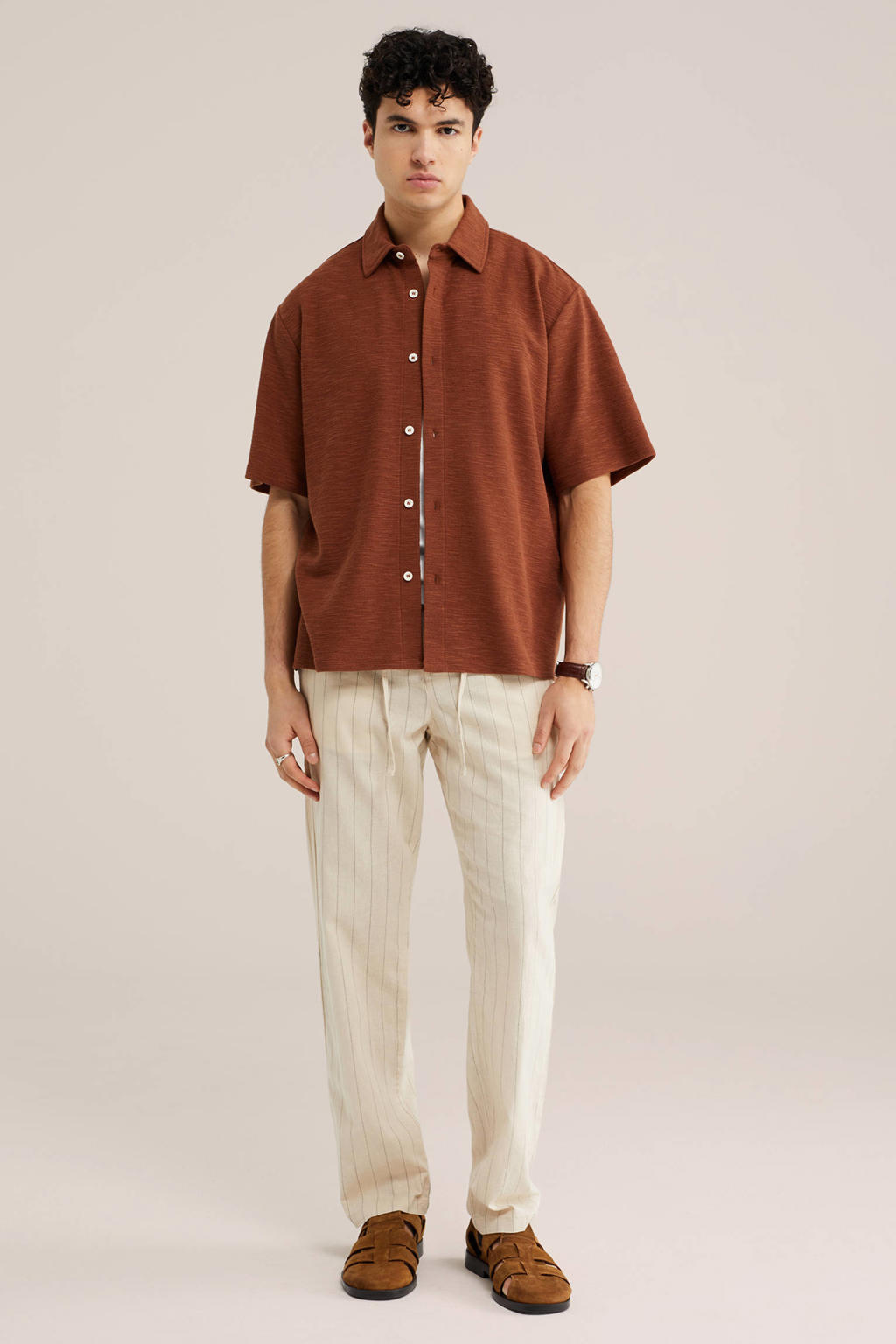 Brique heren WE Fashion comfort casual overhemd van katoen met effen, korte mouwen, klassieke kraag en knoopsluiting