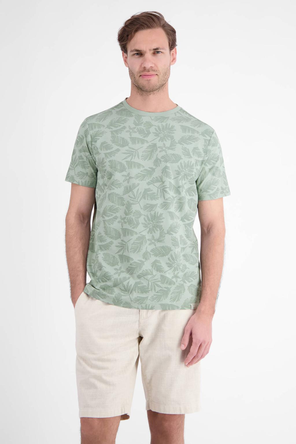 Groene heren LERROS regular fit T-shirt van katoen met bladprint, korte mouwen en ronde hals