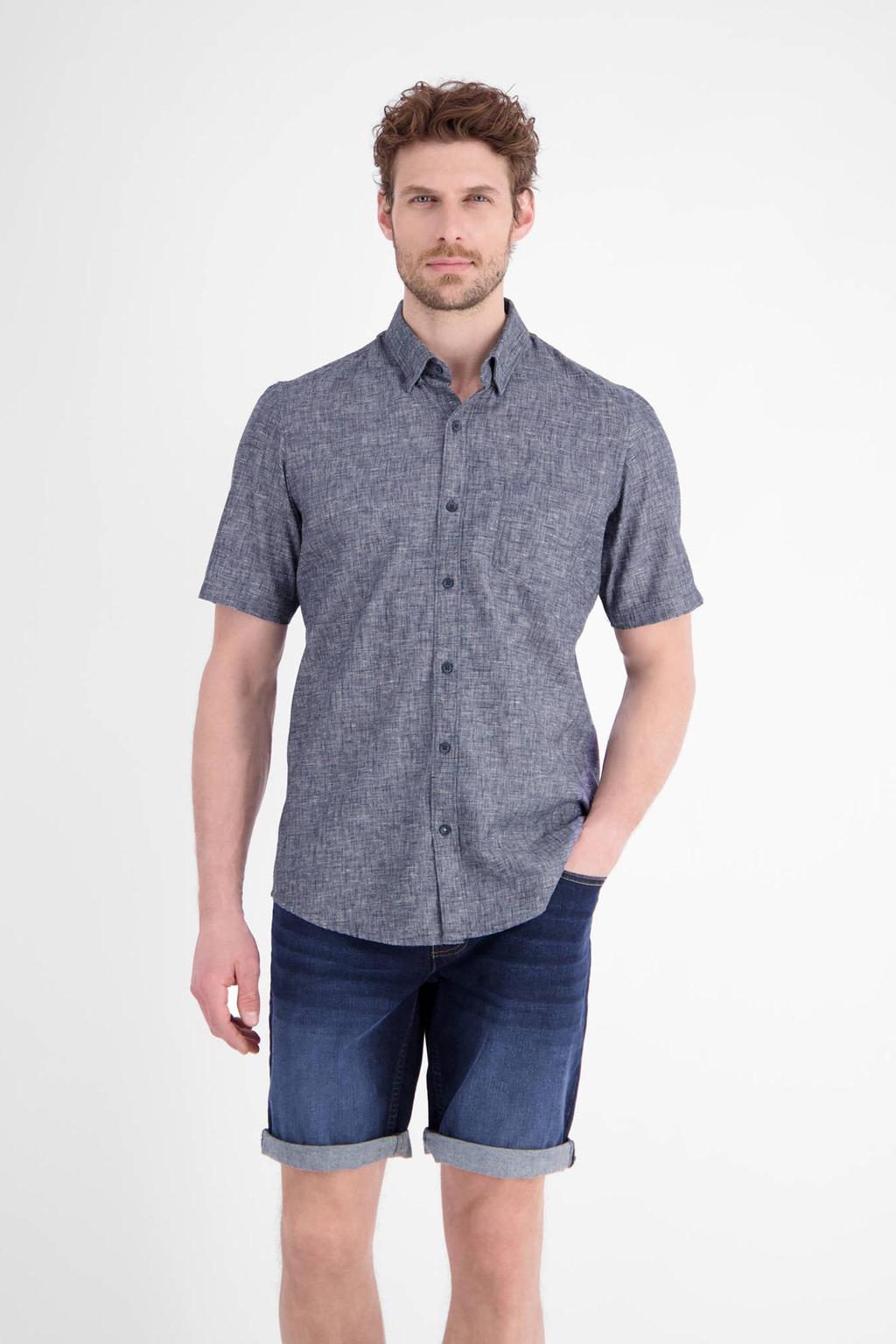 Donkerblauwe heren LERROS regular fit overhemd van polyester met effen, korte mouwen en klassieke kraag