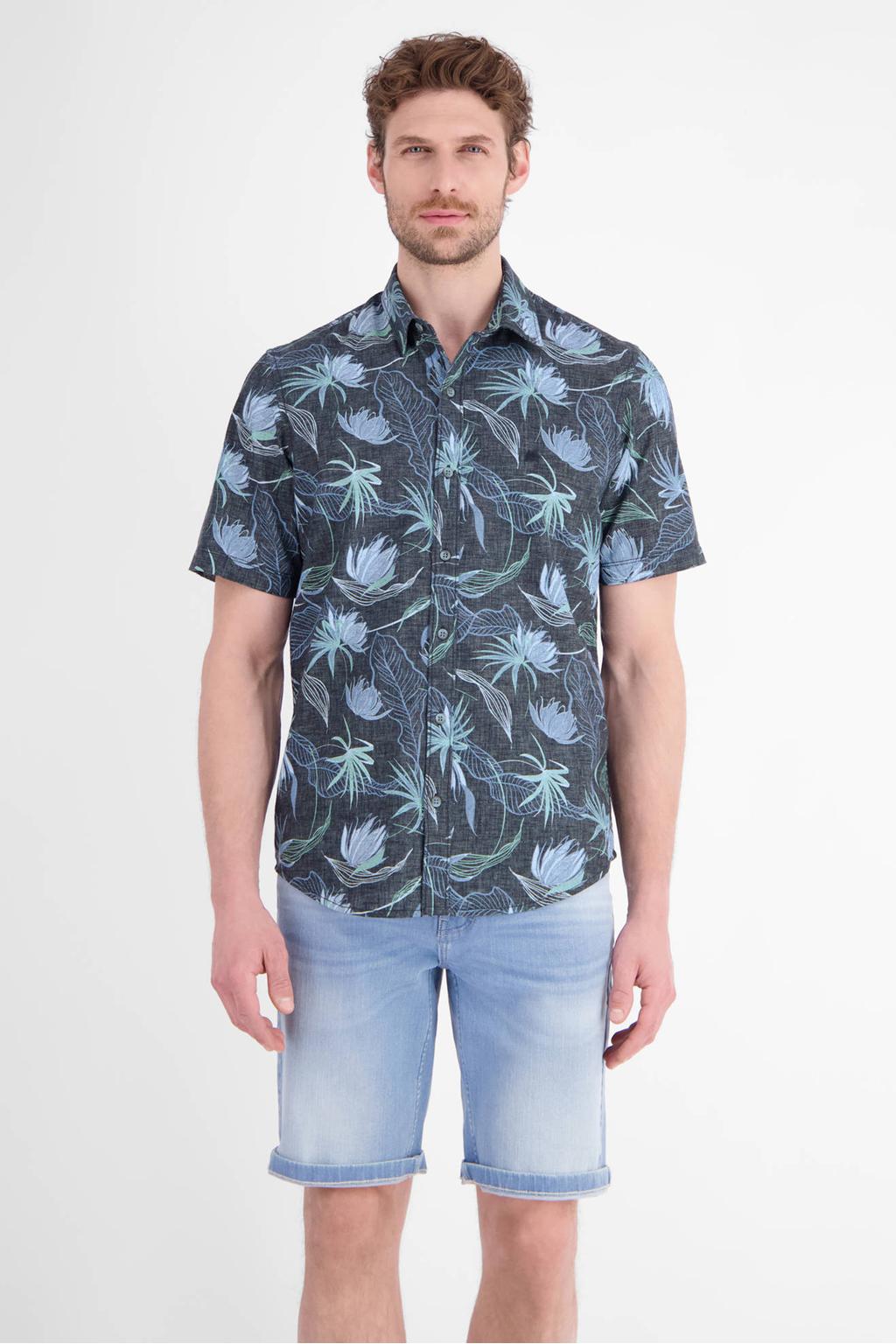 Donkerblauwe heren LERROS regular fit overhemd van polyester met korte mouwen en klassieke kraag