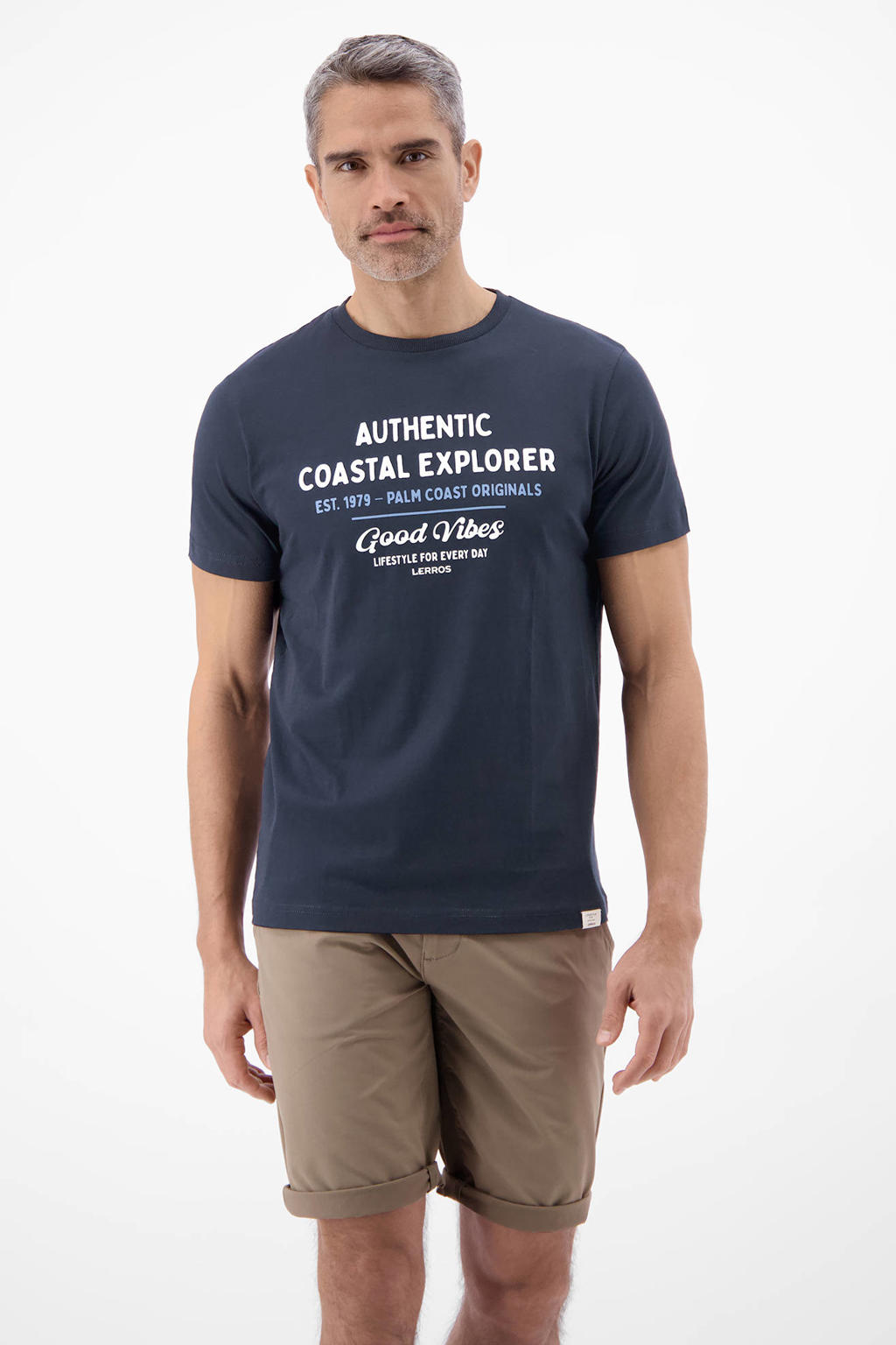 Donkerblauwe heren LERROS regular fit T-shirt van katoen met korte mouwen en ronde hals