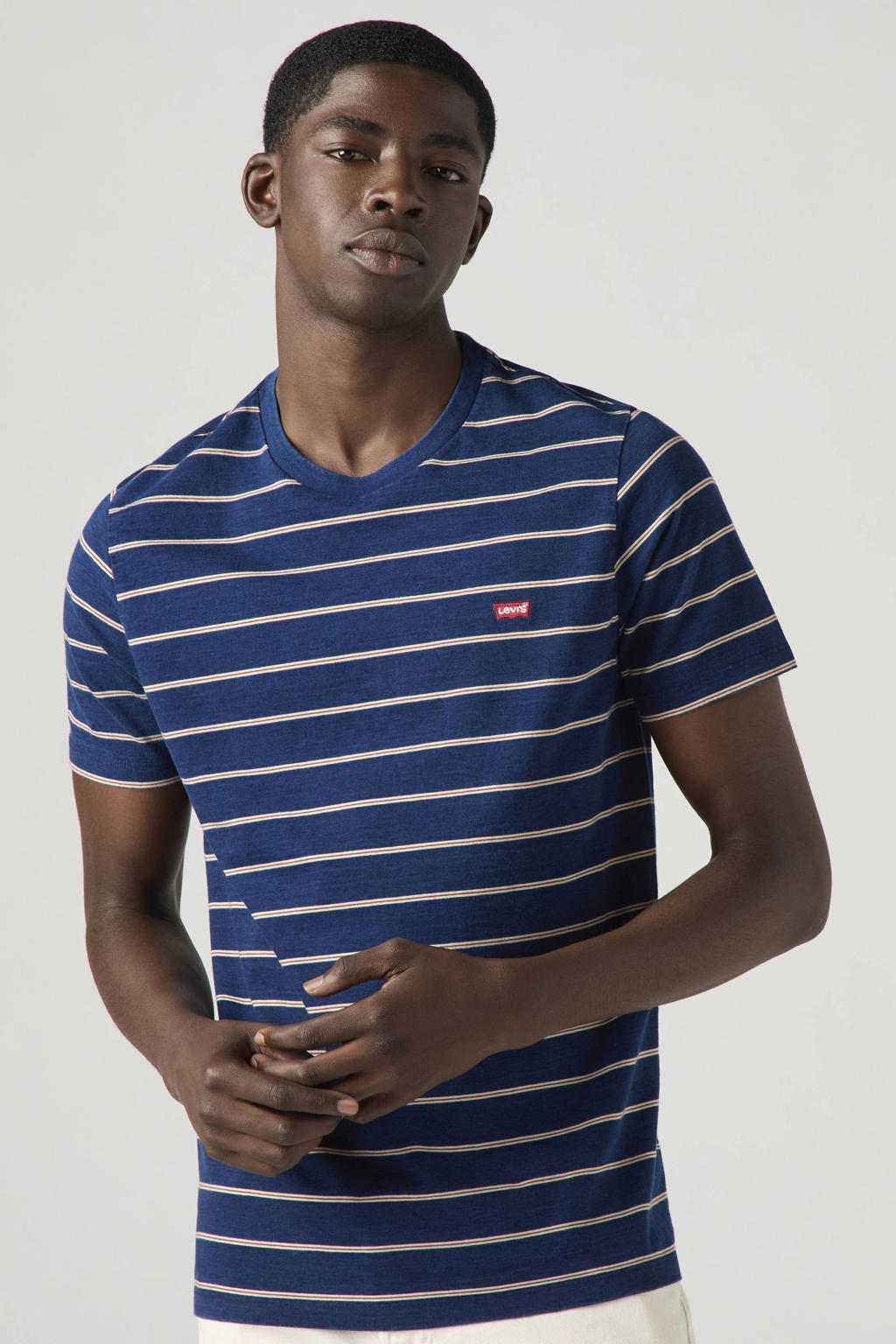 Donkerblauwe heren Levi's regular T-shirt van katoen met strepenprint, korte mouwen en ronde hals