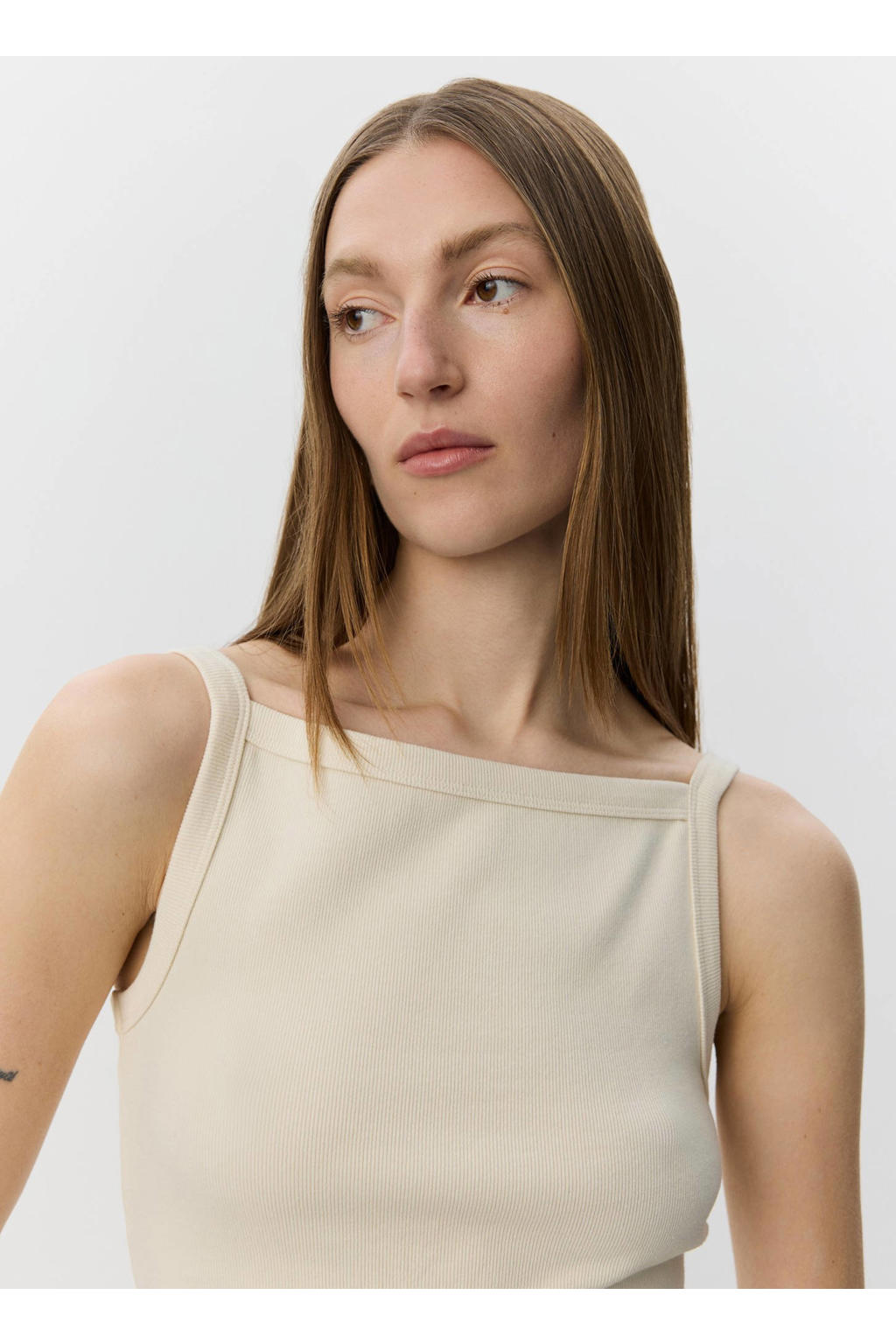 Ecru dames Sofie Schnoor top rib gebreid met effen, spaghettibandjes en vierkante hals