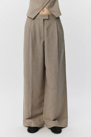 wide leg regular waist broek met linnen grijs melange